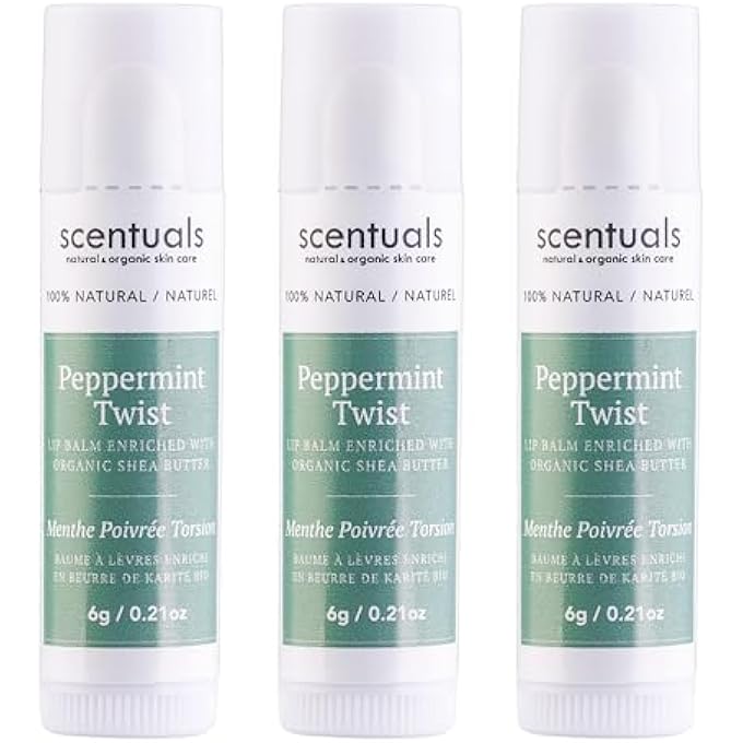 Scentuals LIP BALM PEPPERMINT SET OF 3, MADE WITH SHEA BUTTER, COCOA BUTTER, AVOCADO & JOJOBA OIL, BEESWAX, VITAMIN E AND ESSENTIAL OIL, MOISTURIZING LIP CARE, CRUELTY FREE HYDRATION, NATURAL (3 PACK) - Image 1